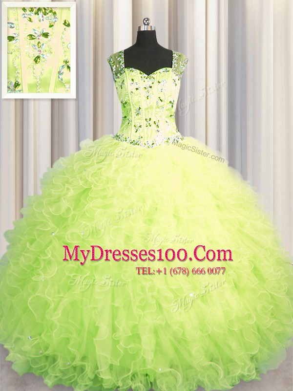 See Through Zipper Up Floor Length Yellow Green 15 Quinceanera Dress Straps Sleeveless Zipper