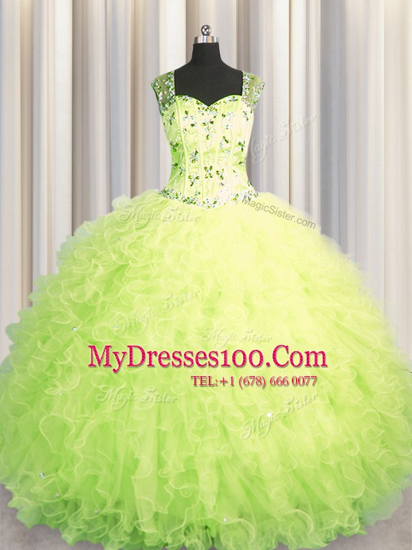 See Through Zipper Up Floor Length Yellow Green 15 Quinceanera Dress Straps Sleeveless Zipper