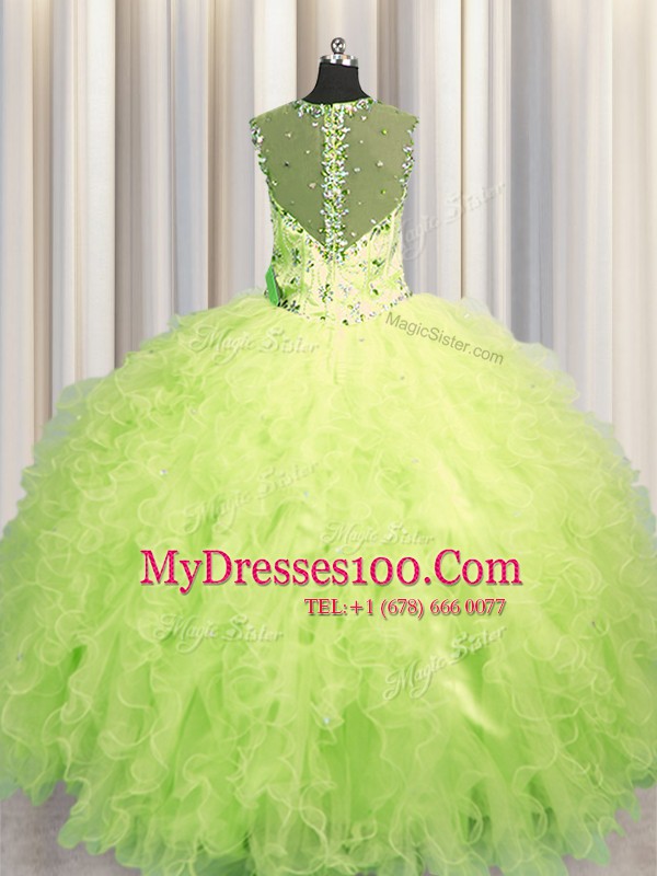 See Through Zipper Up Floor Length Yellow Green 15 Quinceanera Dress Straps Sleeveless Zipper