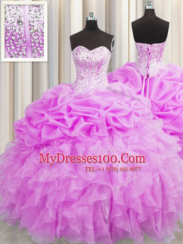Visible Boning Floor Length Lilac Sweet 16 Quinceanera Dress Organza Sleeveless Beading and Ruffles and Pick Ups