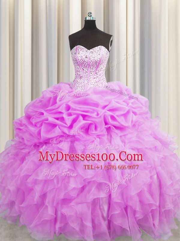 Visible Boning Floor Length Lilac Sweet 16 Quinceanera Dress Organza Sleeveless Beading and Ruffles and Pick Ups