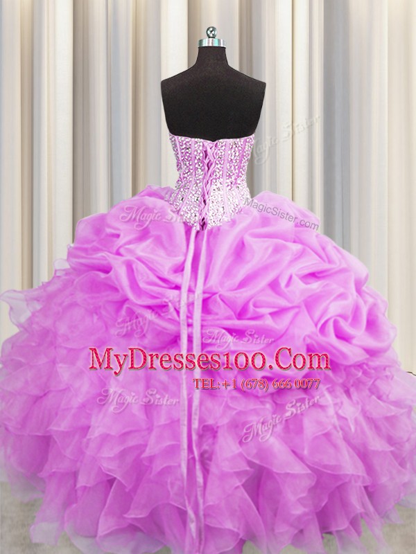 Visible Boning Floor Length Lilac Sweet 16 Quinceanera Dress Organza Sleeveless Beading and Ruffles and Pick Ups