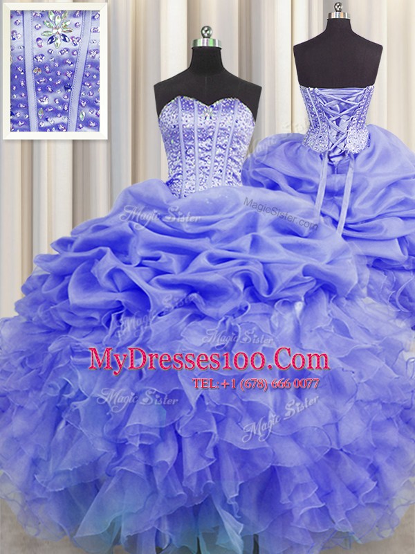Fabulous Visible Boning Purple Organza Lace Up Sweetheart Sleeveless Floor Length 15th Birthday Dress Beading and Ruffles and Pick Ups