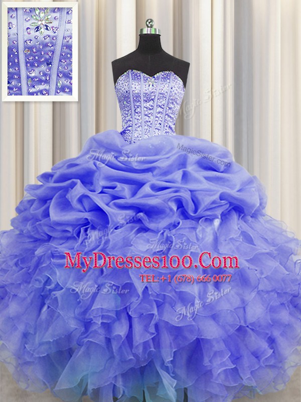 Fabulous Visible Boning Purple Organza Lace Up Sweetheart Sleeveless Floor Length 15th Birthday Dress Beading and Ruffles and Pick Ups