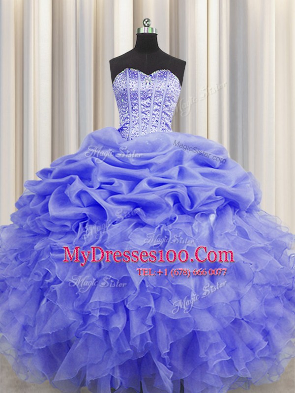Fabulous Visible Boning Purple Organza Lace Up Sweetheart Sleeveless Floor Length 15th Birthday Dress Beading and Ruffles and Pick Ups