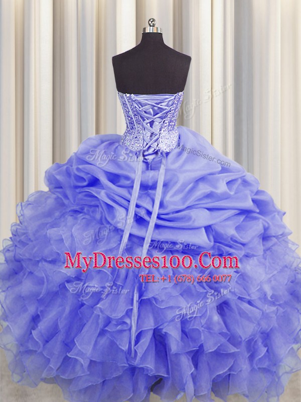 Fabulous Visible Boning Purple Organza Lace Up Sweetheart Sleeveless Floor Length 15th Birthday Dress Beading and Ruffles and Pick Ups