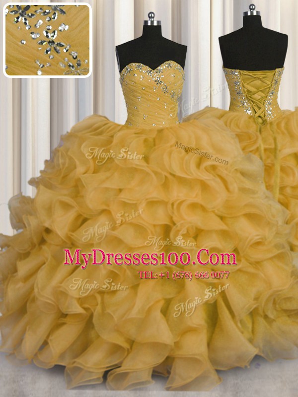 Gorgeous Gold Lace Up Quinceanera Dresses Beading and Ruffles Sleeveless Floor Length