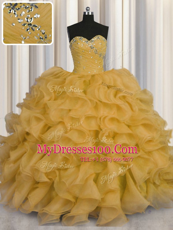 Gorgeous Gold Lace Up Quinceanera Dresses Beading and Ruffles Sleeveless Floor Length