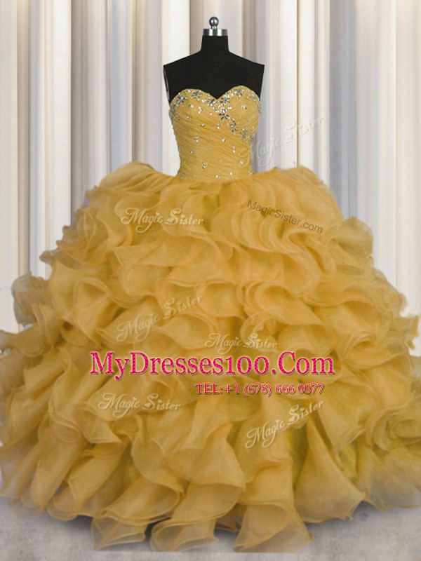 Gorgeous Gold Lace Up Quinceanera Dresses Beading and Ruffles Sleeveless Floor Length