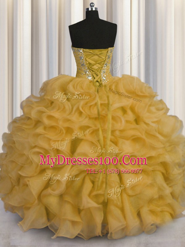 Gorgeous Gold Lace Up Quinceanera Dresses Beading and Ruffles Sleeveless Floor Length