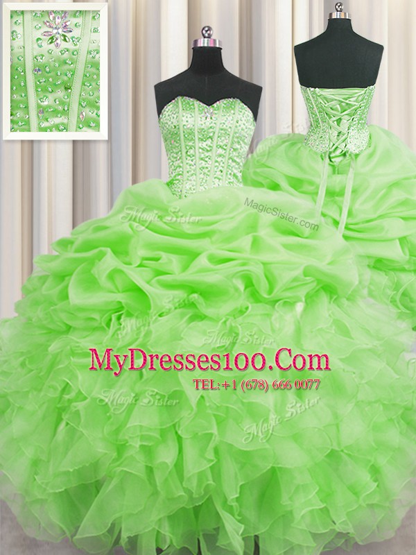 Sophisticated Visible Boning Floor Length Quince Ball Gowns Organza Sleeveless Beading and Ruffles and Pick Ups