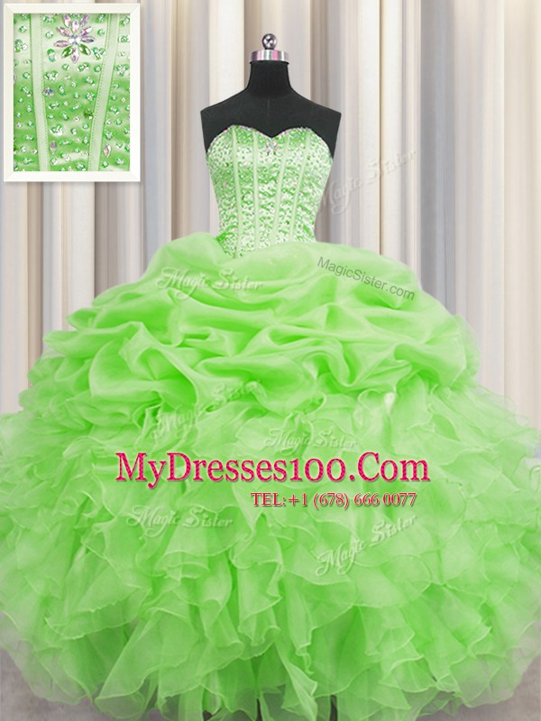 Sophisticated Visible Boning Floor Length Quince Ball Gowns Organza Sleeveless Beading and Ruffles and Pick Ups