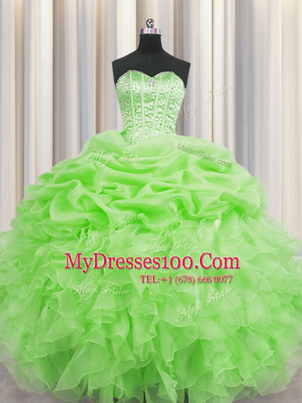 Sophisticated Visible Boning Floor Length Quince Ball Gowns Organza Sleeveless Beading and Ruffles and Pick Ups