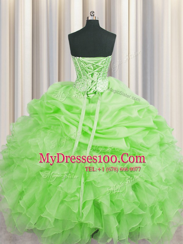 Sophisticated Visible Boning Floor Length Quince Ball Gowns Organza Sleeveless Beading and Ruffles and Pick Ups