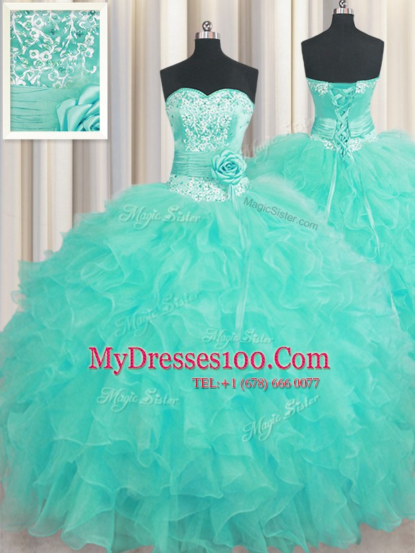 Super Handcrafted Flower Aqua Blue Organza Lace Up Vestidos de Quinceanera Sleeveless Floor Length Beading and Ruffles and Hand Made Flower