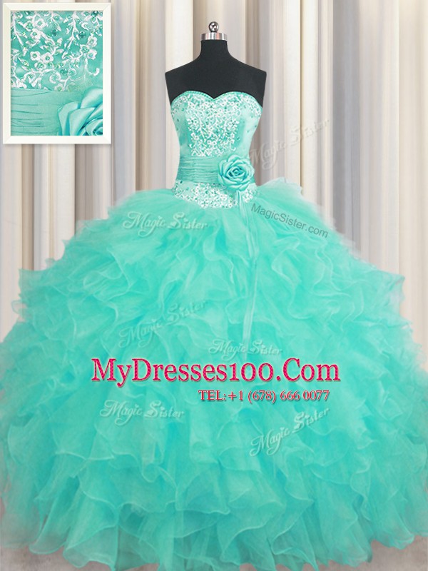 Super Handcrafted Flower Aqua Blue Organza Lace Up Vestidos de Quinceanera Sleeveless Floor Length Beading and Ruffles and Hand Made Flower