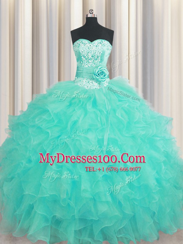 Super Handcrafted Flower Aqua Blue Organza Lace Up Vestidos de Quinceanera Sleeveless Floor Length Beading and Ruffles and Hand Made Flower