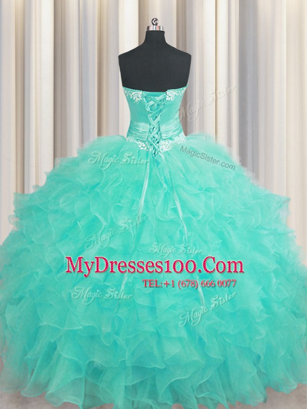 Super Handcrafted Flower Aqua Blue Organza Lace Up Vestidos de Quinceanera Sleeveless Floor Length Beading and Ruffles and Hand Made Flower