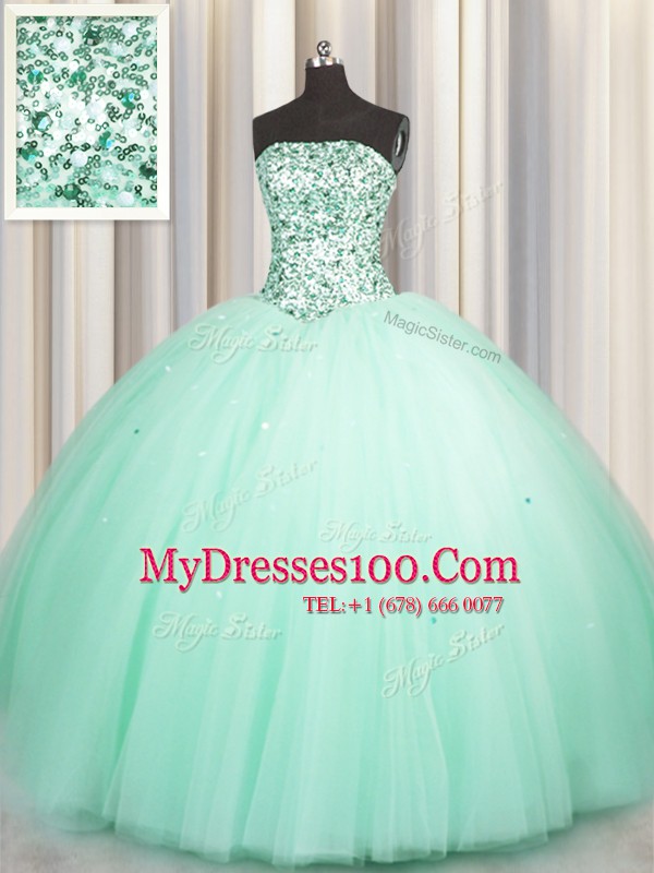 Attractive Sequins Puffy Skirt Sweetheart Sleeveless Lace Up 15th Birthday Dress Apple Green Tulle