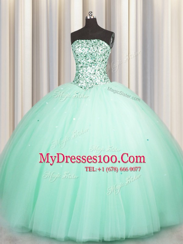 Attractive Sequins Puffy Skirt Sweetheart Sleeveless Lace Up 15th Birthday Dress Apple Green Tulle