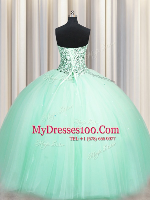 Attractive Sequins Puffy Skirt Sweetheart Sleeveless Lace Up 15th Birthday Dress Apple Green Tulle