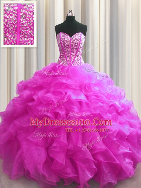 Super Visible Boning Fuchsia Organza Lace Up Sweetheart Sleeveless Floor Length Ball Gown Prom Dress Beading and Ruffles