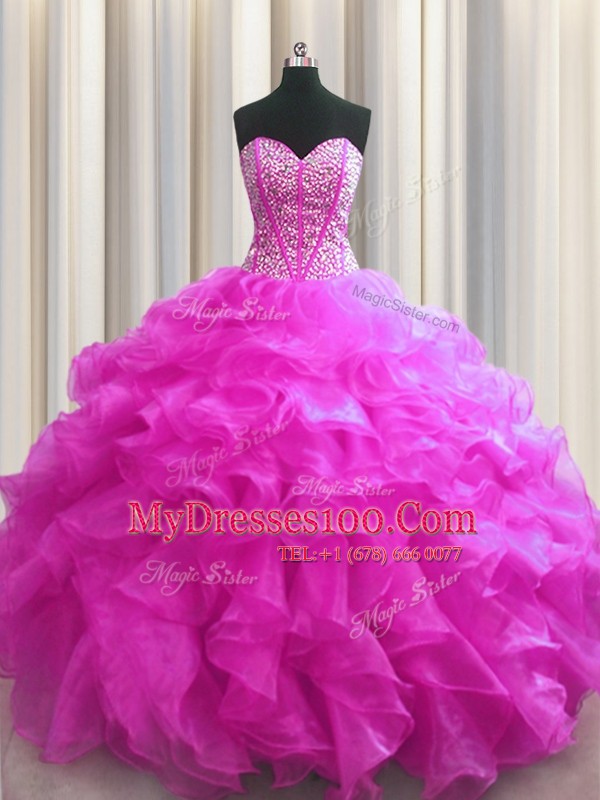 Super Visible Boning Fuchsia Organza Lace Up Sweetheart Sleeveless Floor Length Ball Gown Prom Dress Beading and Ruffles