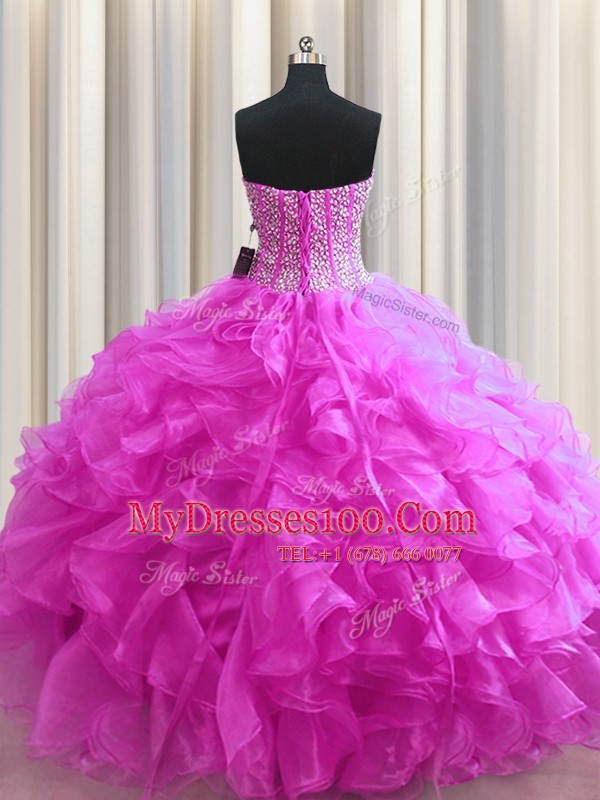 Super Visible Boning Fuchsia Organza Lace Up Sweetheart Sleeveless Floor Length Ball Gown Prom Dress Beading and Ruffles