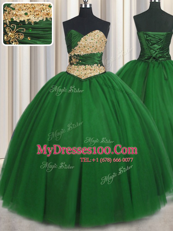 Beading and Appliques 15 Quinceanera Dress Green Lace Up Sleeveless Floor Length