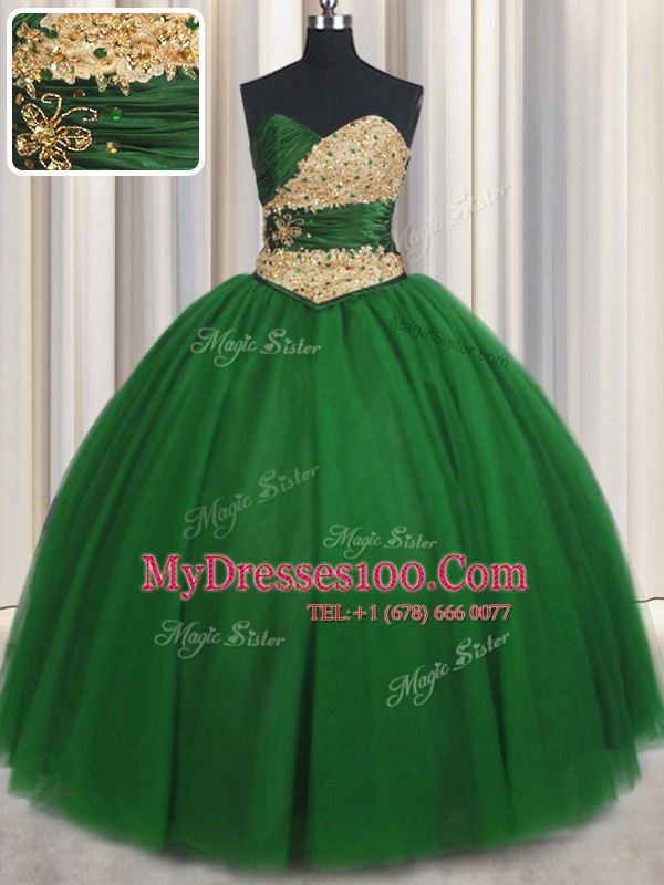 Beading and Appliques 15 Quinceanera Dress Green Lace Up Sleeveless Floor Length