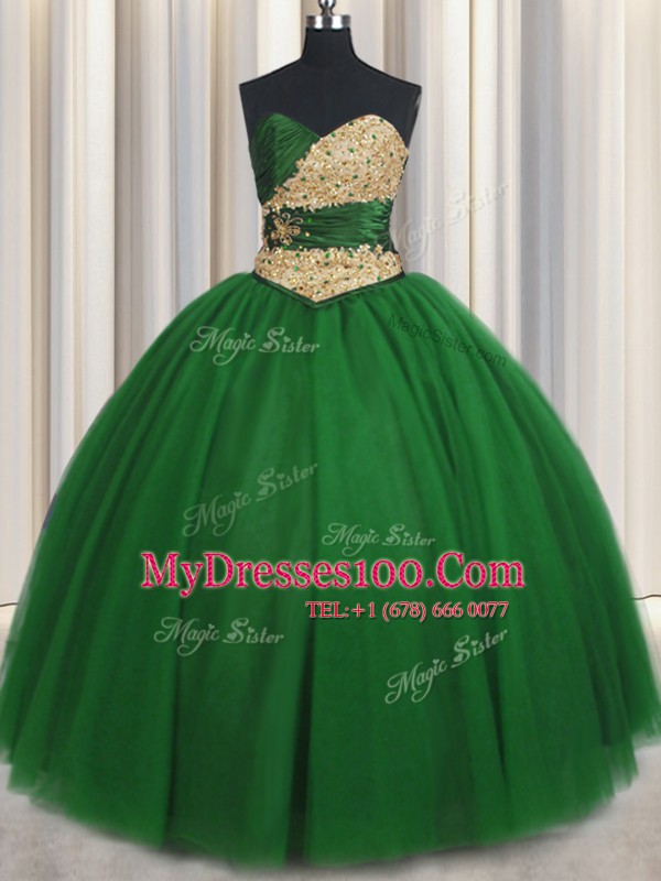 Beading and Appliques 15 Quinceanera Dress Green Lace Up Sleeveless Floor Length