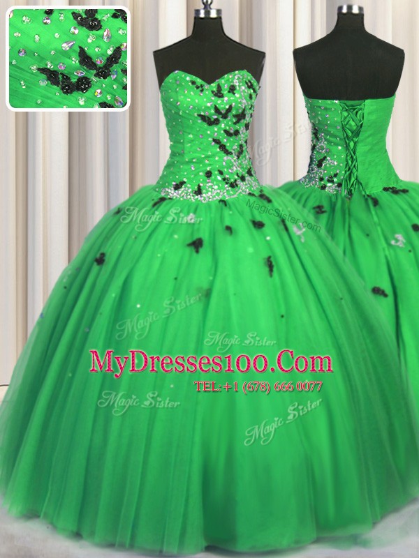 Green Sweetheart Lace Up Beading and Appliques Sweet 16 Dress Sleeveless