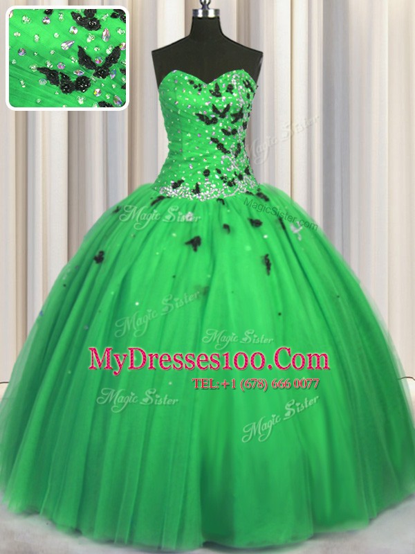 Green Sweetheart Lace Up Beading and Appliques Sweet 16 Dress Sleeveless