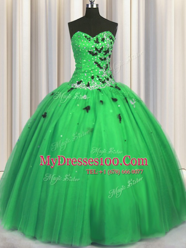 Green Sweetheart Lace Up Beading and Appliques Sweet 16 Dress Sleeveless
