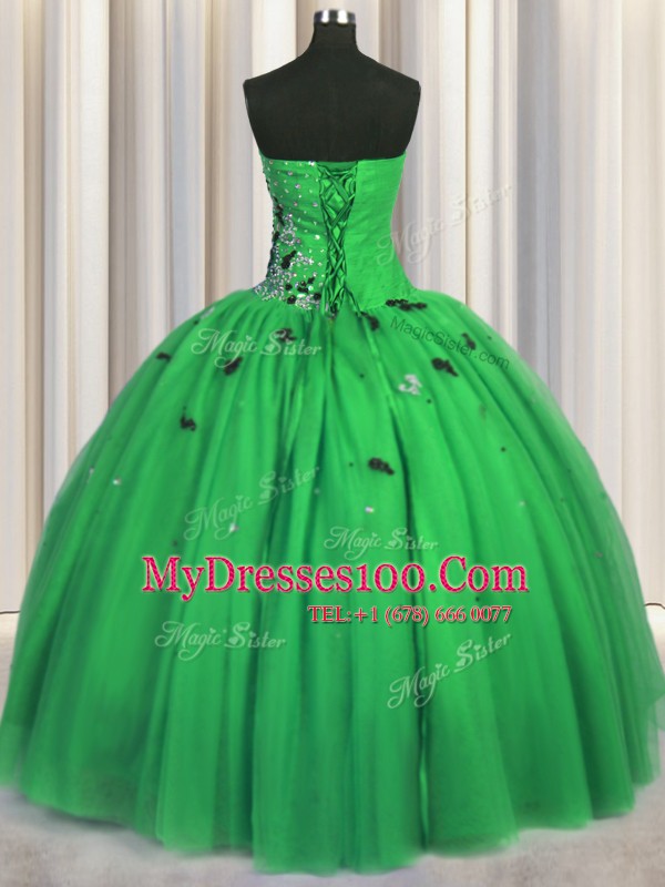 Green Sweetheart Lace Up Beading and Appliques Sweet 16 Dress Sleeveless