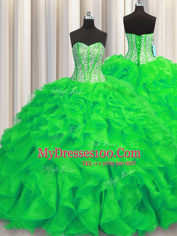 Noble Visible Boning Sleeveless Beading and Ruffles Lace Up Quinceanera Dress with Green Brush Train