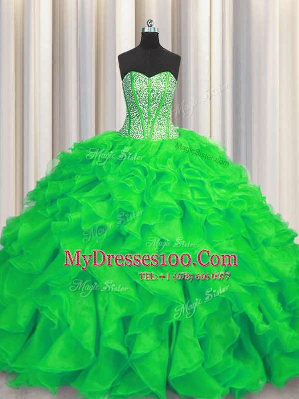 Noble Visible Boning Sleeveless Beading and Ruffles Lace Up Quinceanera Dress with Green Brush Train