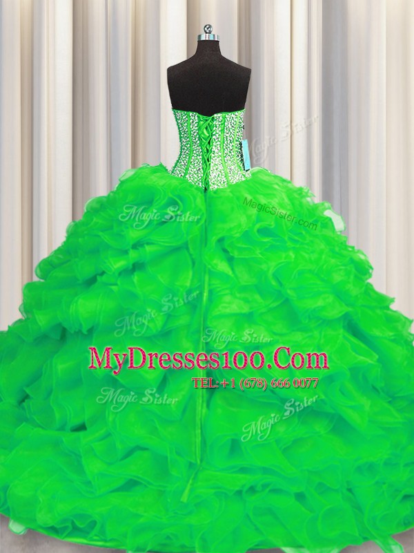 Noble Visible Boning Sleeveless Beading and Ruffles Lace Up Quinceanera Dress with Green Brush Train