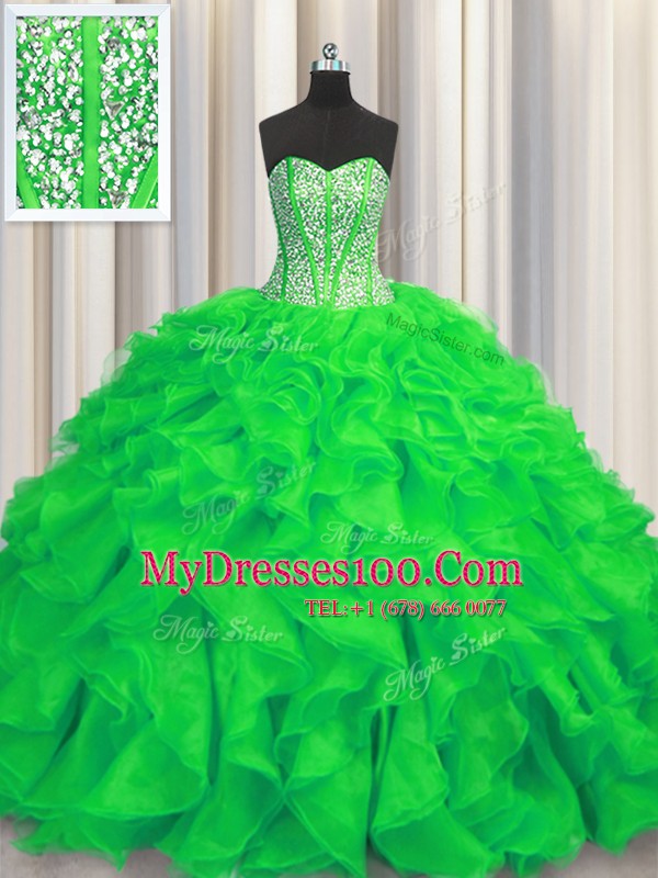 Noble Visible Boning Sleeveless Beading and Ruffles Lace Up Quinceanera Dress with Green Brush Train