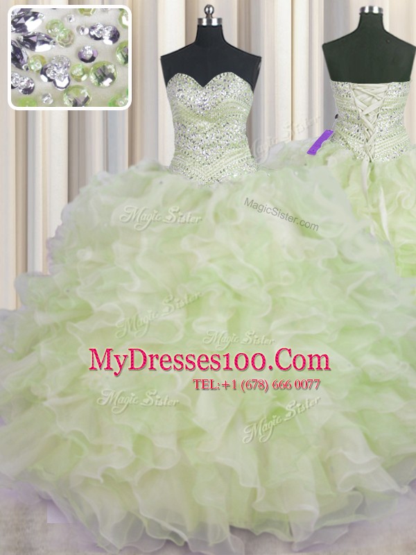 Yellow Green Ball Gowns Sweetheart Sleeveless Organza Floor Length Lace Up Beading and Ruffles Vestidos de Quinceanera
