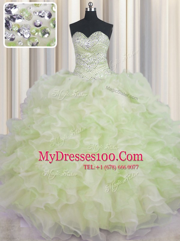 Yellow Green Ball Gowns Sweetheart Sleeveless Organza Floor Length Lace Up Beading and Ruffles Vestidos de Quinceanera