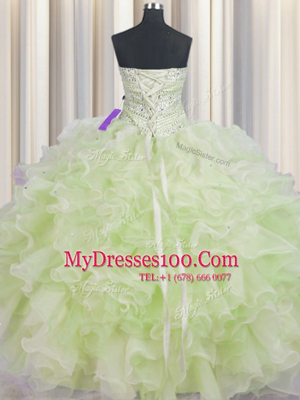 Yellow Green Ball Gowns Sweetheart Sleeveless Organza Floor Length Lace Up Beading and Ruffles Vestidos de Quinceanera