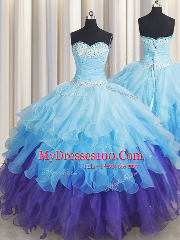 Sweet Organza Sweetheart Sleeveless Lace Up Beading and Ruffles and Ruffled Layers and Sequins Quince Ball Gowns in Multi-color