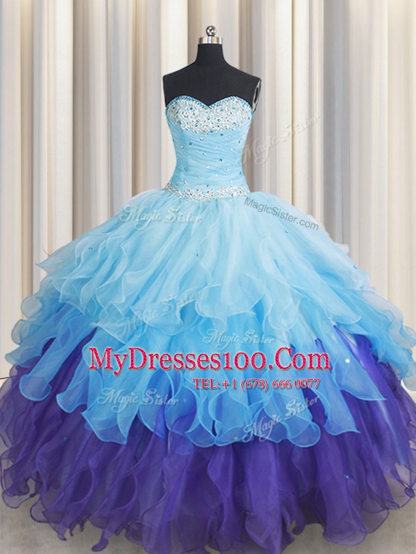 Sweet Organza Sweetheart Sleeveless Lace Up Beading and Ruffles and Ruffled Layers and Sequins Quince Ball Gowns in Multi-color