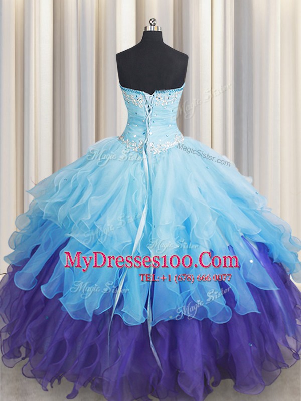 Sweet Organza Sweetheart Sleeveless Lace Up Beading and Ruffles and Ruffled Layers and Sequins Quince Ball Gowns in Multi-color
