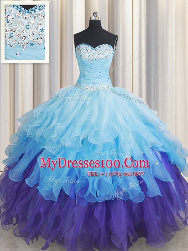 Sweet Organza Sweetheart Sleeveless Lace Up Beading and Ruffles and Ruffled Layers and Sequins Quince Ball Gowns in Multi-color