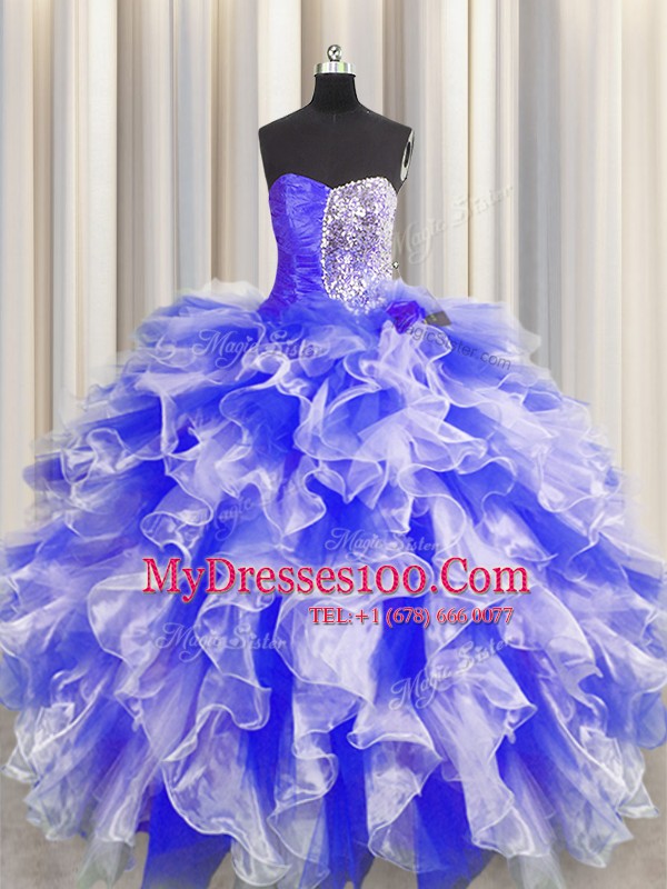 Custom Made Organza Sweetheart Sleeveless Lace Up Beading and Ruffles and Ruching 15 Quinceanera Dress in Blue And White