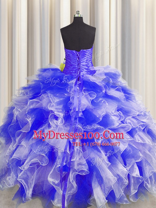 Custom Made Organza Sweetheart Sleeveless Lace Up Beading and Ruffles and Ruching 15 Quinceanera Dress in Blue And White