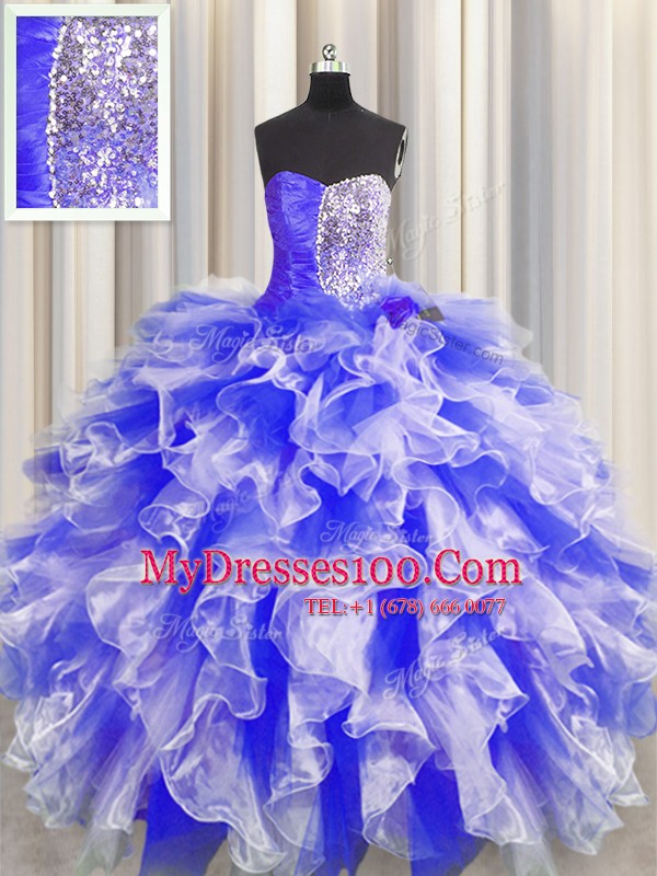 Custom Made Organza Sweetheart Sleeveless Lace Up Beading and Ruffles and Ruching 15 Quinceanera Dress in Blue And White