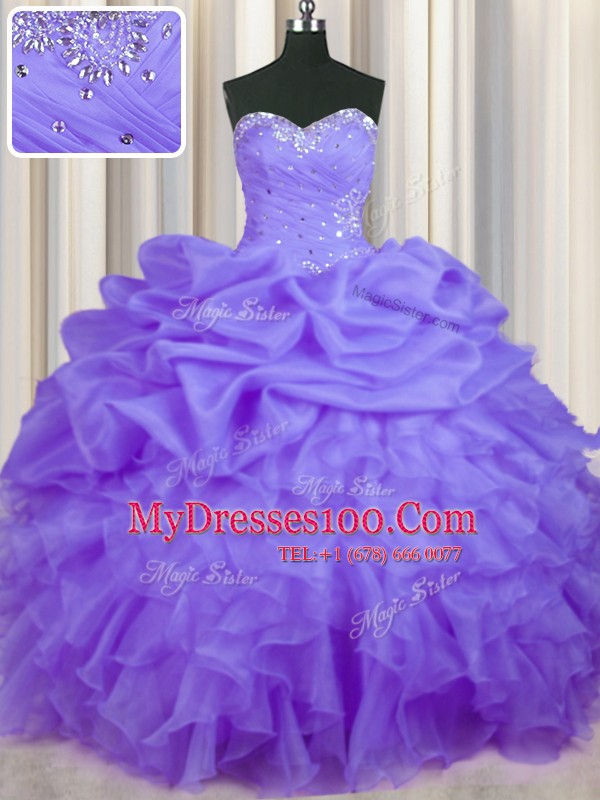 Sweetheart Sleeveless Vestidos de Quinceanera Floor Length Beading and Ruffles and Pick Ups Lavender Organza